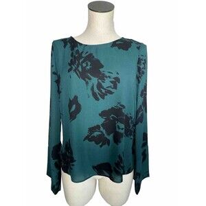 NWT Apt 9 Green & Black Floral Top Blouse Long Bell Sleeve Size Medium